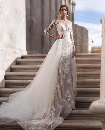 Detachable Train Mermaid White Long Tulle Appliques Lace Wedding Dress 