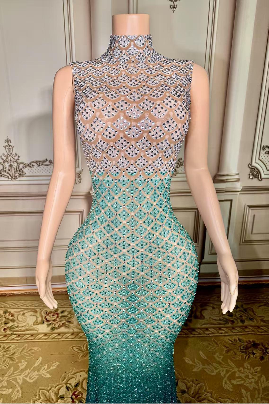 Mermaid Rhinestones Illusion High Neck Sleeveless Zipper Back Prom Dress Yesbabyonline