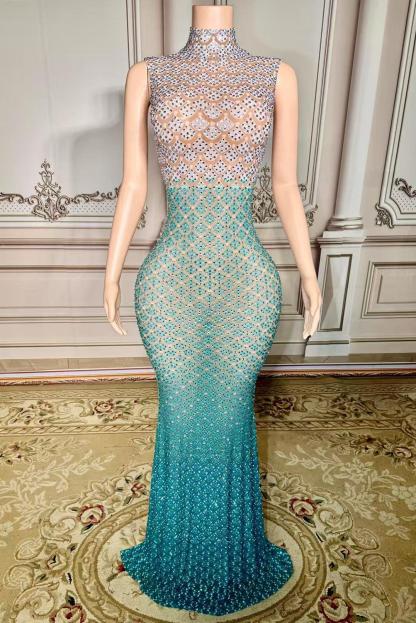 Mermaid Rhinestones Illusion High Neck Sleeveless Zipper Back Prom Dress Yesbabyonline 