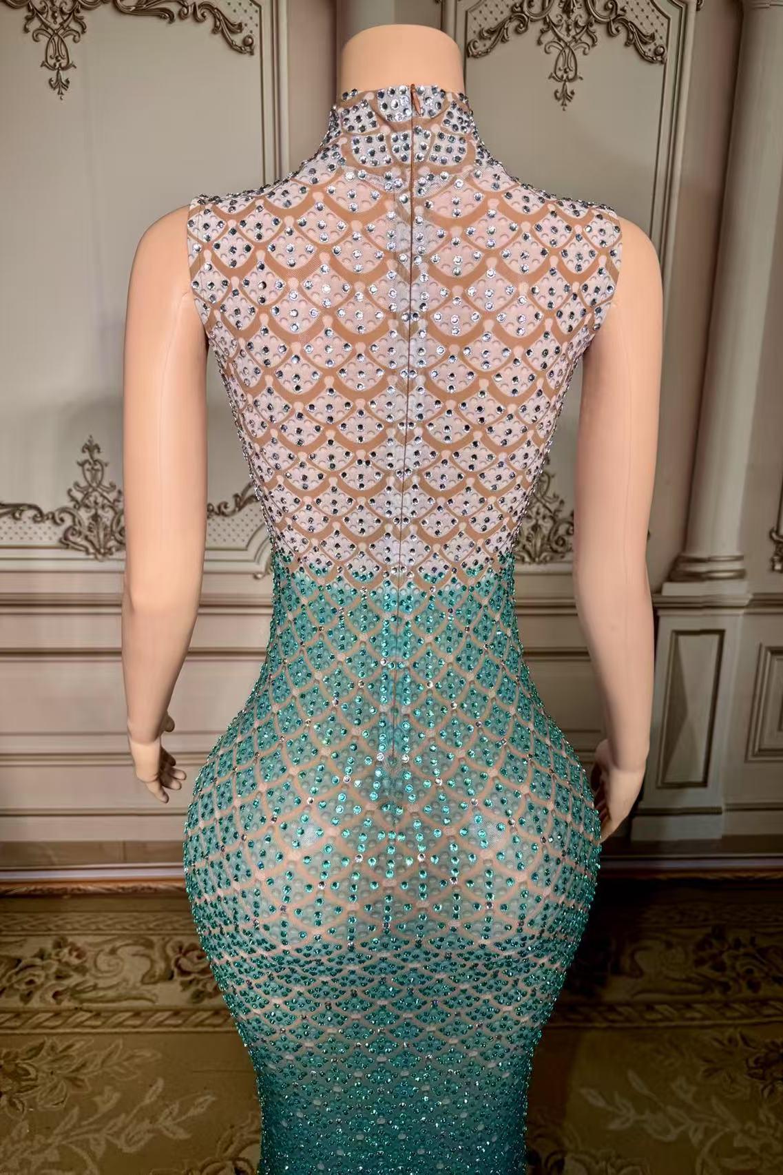 Mermaid Rhinestones Illusion High Neck Sleeveless Zipper Back Prom Dress Yesbabyonline