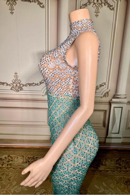 Mermaid Rhinestones Illusion High Neck Sleeveless Zipper Back Prom Dress Yesbabyonline 