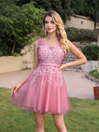Short A-line Mini Tulle Formal Dress with Lace Appliques - YESBABYONLINE