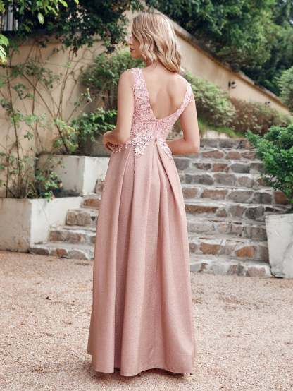 Long A Line V-Neck Sleeveless Tulle Lace Formal Dress with Appliques - YESBABYONLINE