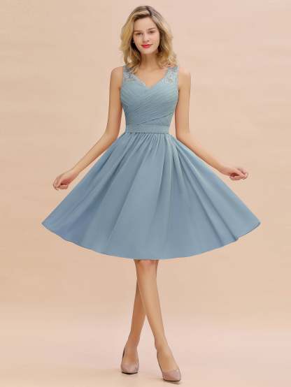 Simple Short A Line V-neck Chiffon Knee Length Bridesmaid Dress - YESBABYONLINE