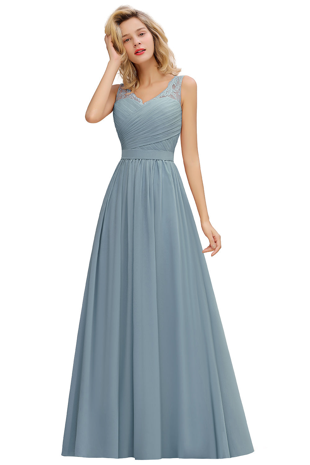Long A line V-neck Ruffle Sleeveless Chiffon Bridesmaid Dress - YESBABYONLINE