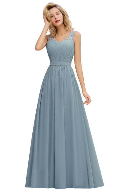 Long A line V-neck Ruffle Sleeveless Chiffon Bridesmaid Dress - YESBABYONLINE