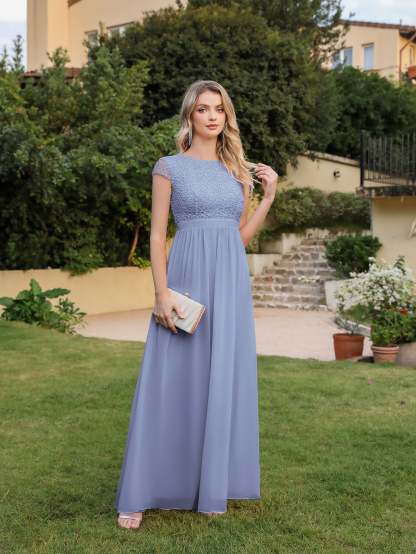 Long A-line Tulle Floral Lace Bridesmaid Dress with Cap Sleeves - YESBABYONLINE