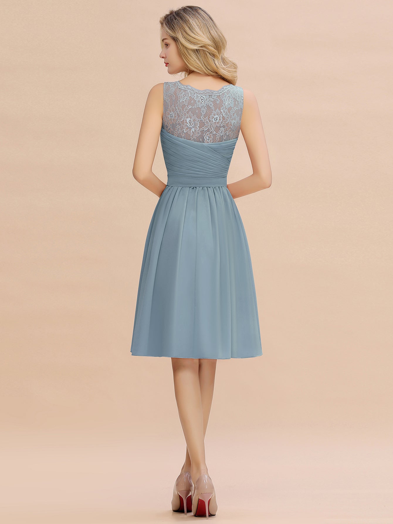Simple Short A Line V-neck Chiffon Knee Length Bridesmaid Dress - YESBABYONLINE