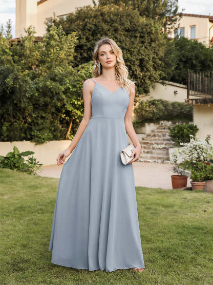 Long V-neck Backless Satin A-line Bridesmaid Dresses - YESBABYONLINE