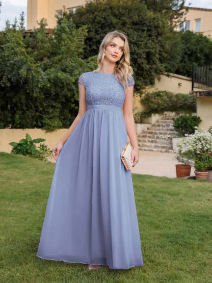 Long A-line Tulle Floral Lace Bridesmaid Dress with Cap Sleeves - YESBABYONLINE