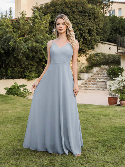 Long V-neck Backless Satin A-line Bridesmaid Dresses - YESBABYONLINE