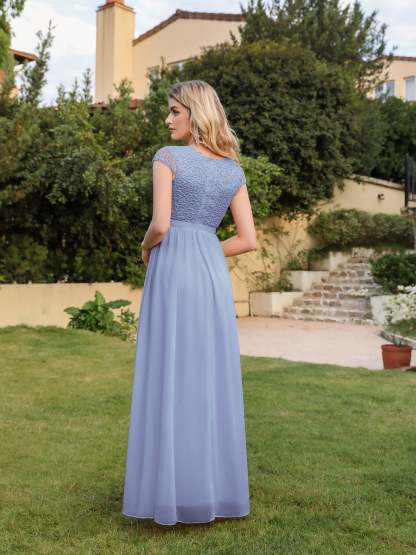 Long A-line Tulle Floral Lace Bridesmaid Dress with Cap Sleeves - YESBABYONLINE
