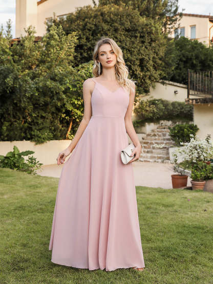Long V-neck Backless Satin A-line Bridesmaid Dresses - YESBABYONLINE