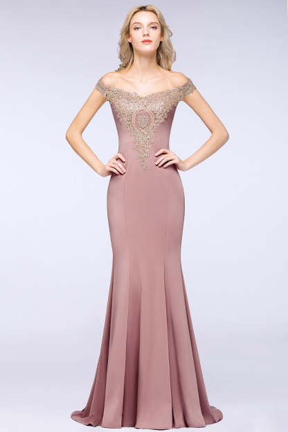 Long Off-the-Shoulder Floor Length Mermaid Evening Dress with Gold Appliques - YESBABYONLINE