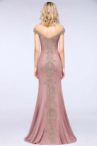 Long Off-the-Shoulder Floor Length Mermaid Evening Dress with Gold Appliques - YESBABYONLINE