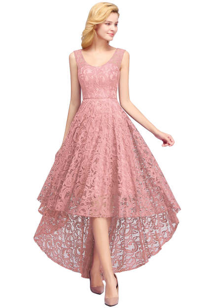 High Low A line U Neck Sleeveless Lace Formal Dress - YESBABYONLINE