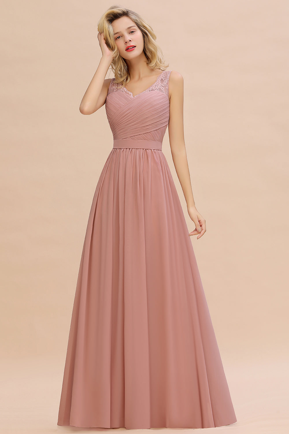 Long A line V-neck Ruffle Sleeveless Chiffon Bridesmaid Dress - YESBABYONLINE