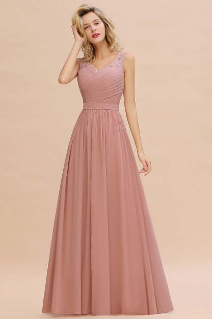 Long A line V-neck Ruffle Sleeveless Chiffon Bridesmaid Dress - YESBABYONLINE