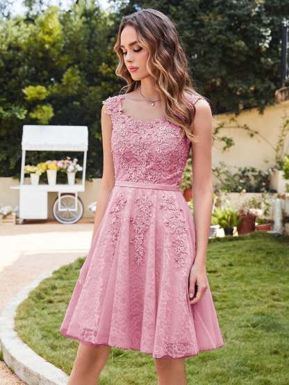 Short Tulle A line Sleeveless Knee Length Homecoming Dress - YESBABYONLINE