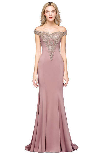 Long Off-the-Shoulder Gold Appliques Mermaid Evening Dress - YESBABYONLINE