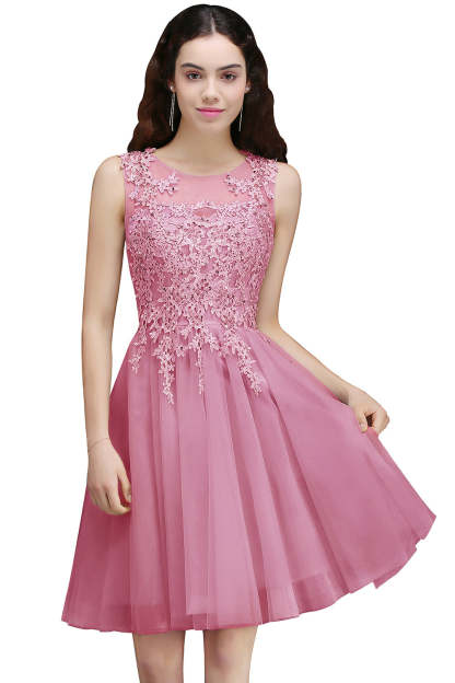 A line Round Neck Tulle Lace Mini Bridesmaid Dress with Appliques Lace - YESBABYONLINE
