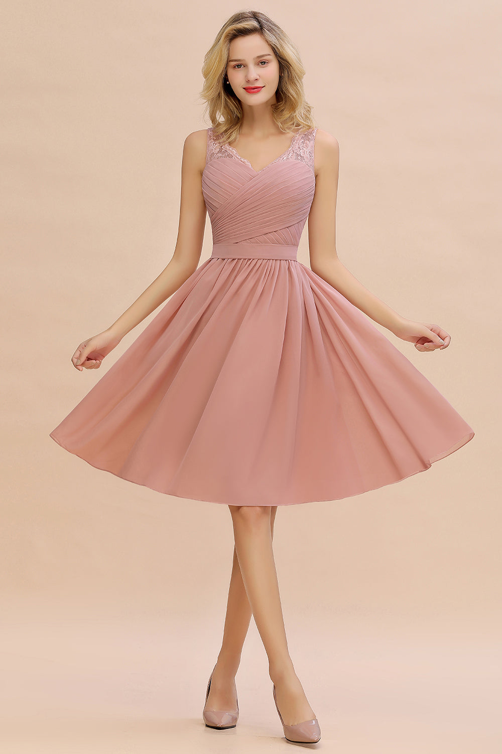 Simple Short A Line V-neck Chiffon Knee Length Bridesmaid Dress - YESBABYONLINE