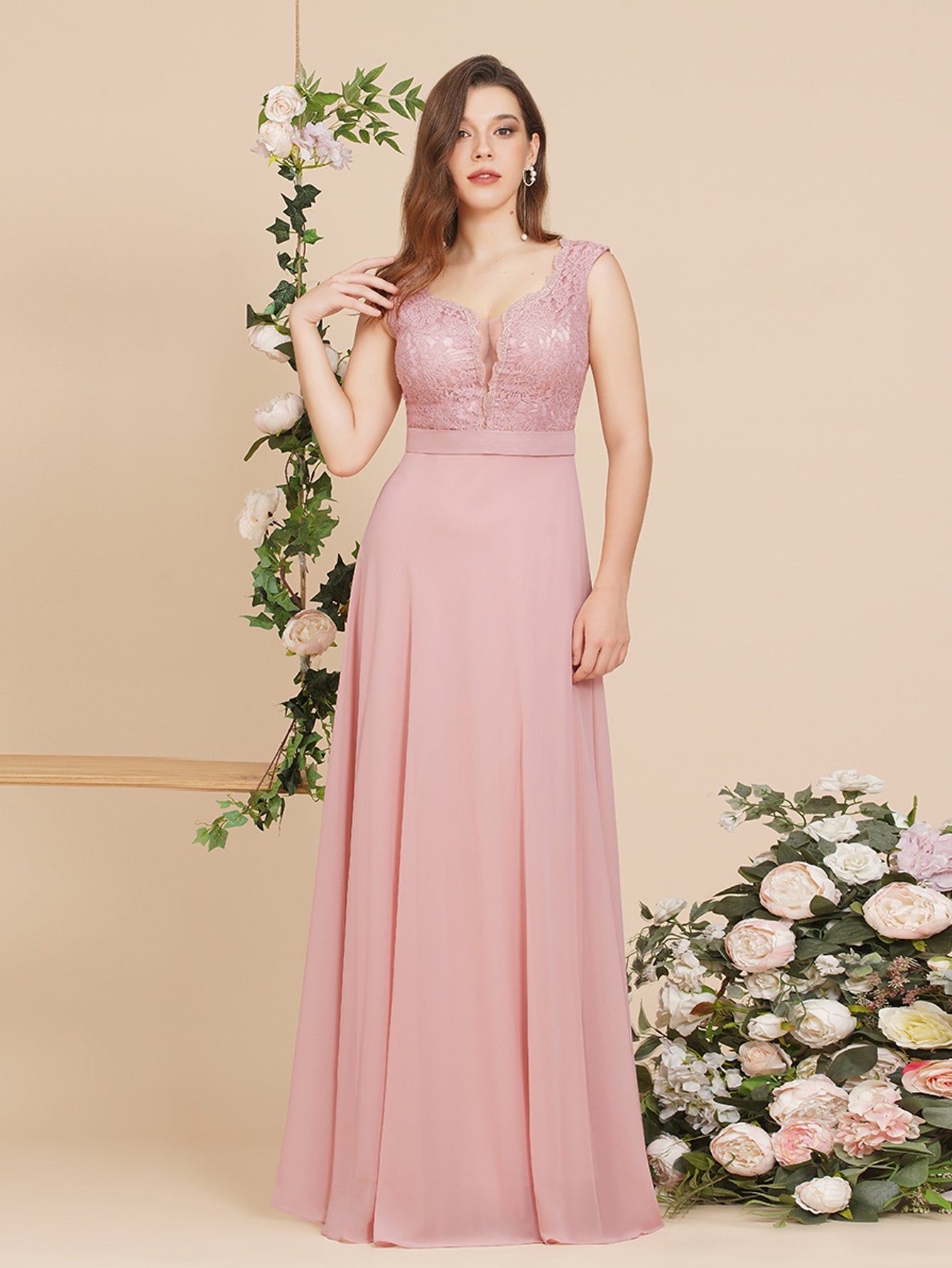 Long A Line Floral Lace Floor Length Sleeveless Chiffon Bridesmaid Dress - YESBABYONLINE