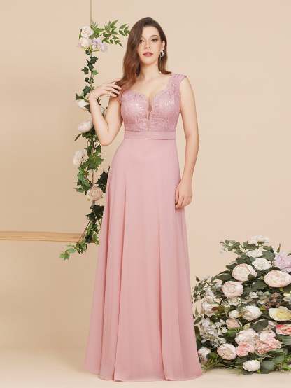 Long A Line Floral Lace Floor Length Sleeveless Chiffon Bridesmaid Dress - YESBABYONLINE