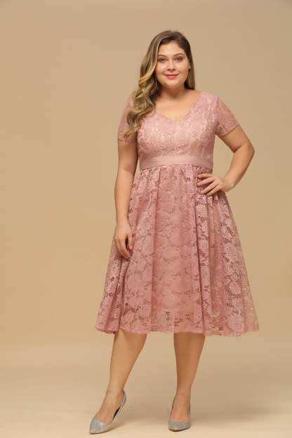 V Neck A Line Tea Length Floral Lace Formal Dress with Sleeves - YESBABYONLINE