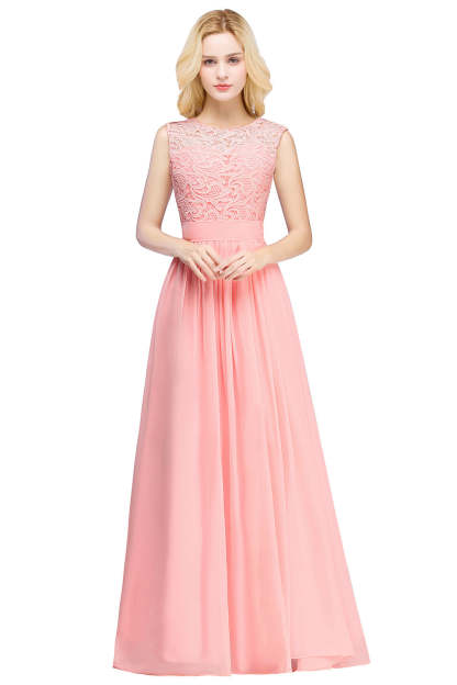Long A line Crew Neck Floor Length Floral Lace Chiffon Wedding Guest Dress - YESBABYONLINE