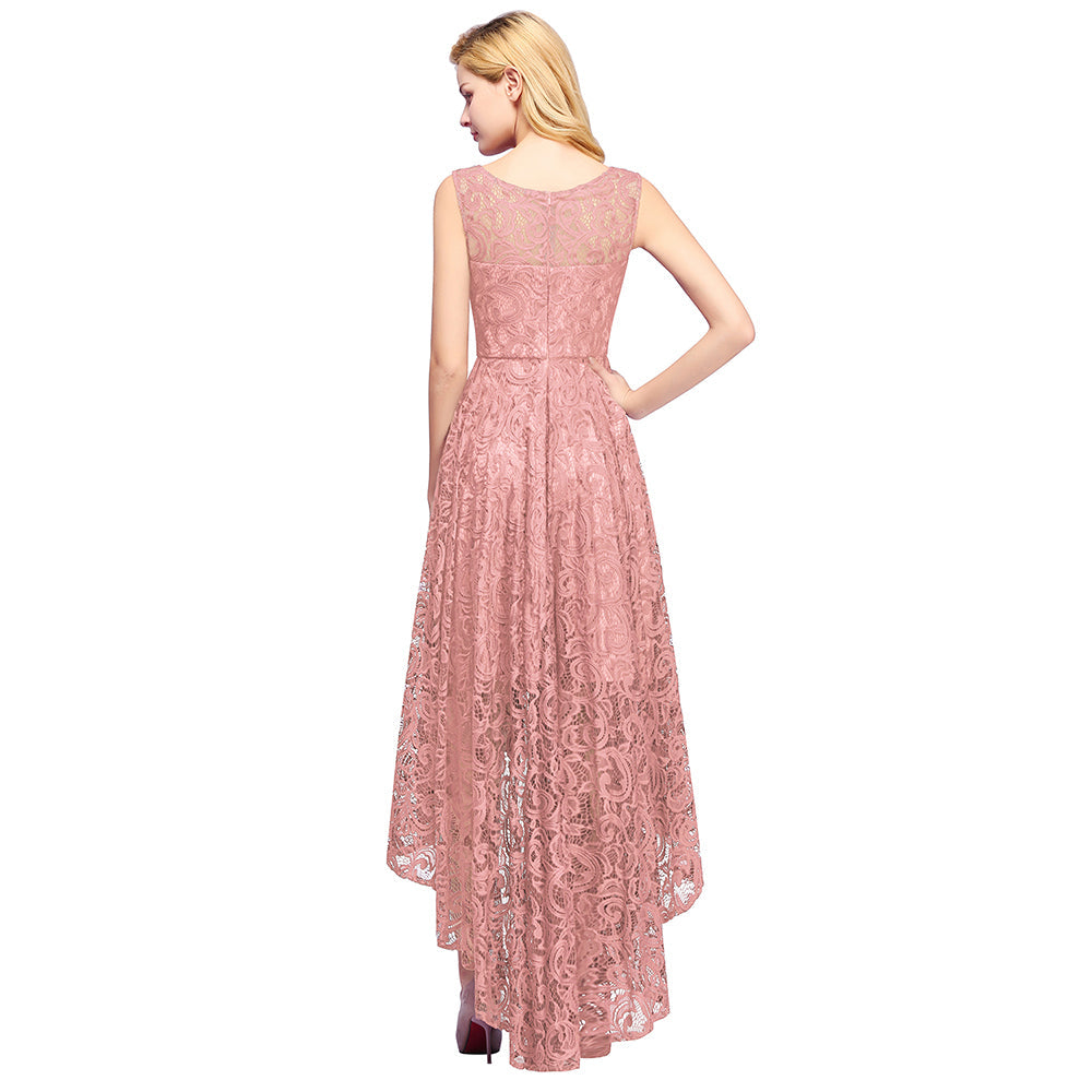 High Low A line U Neck Sleeveless Lace Formal Dress - YESBABYONLINE