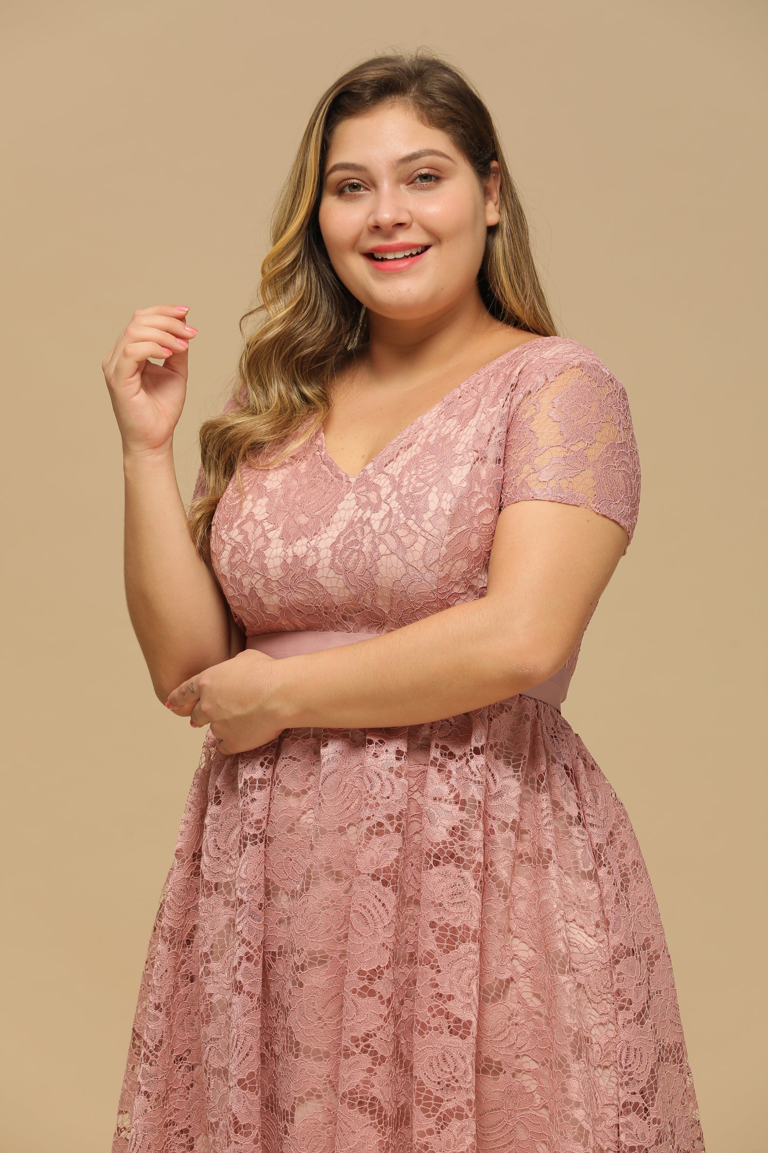 V Neck A Line Tea Length Floral Lace Formal Dress with Sleeves - YESBABYONLINE