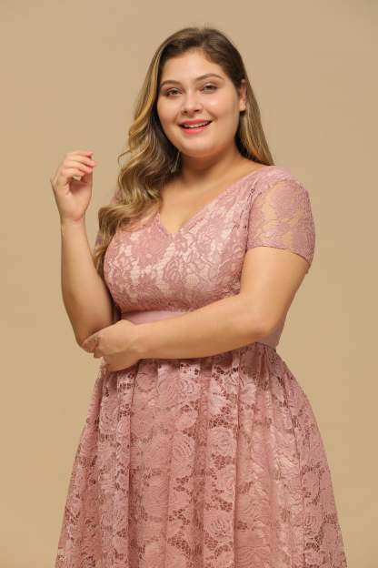 V Neck A Line Tea Length Floral Lace Formal Dress with Sleeves - YESBABYONLINE