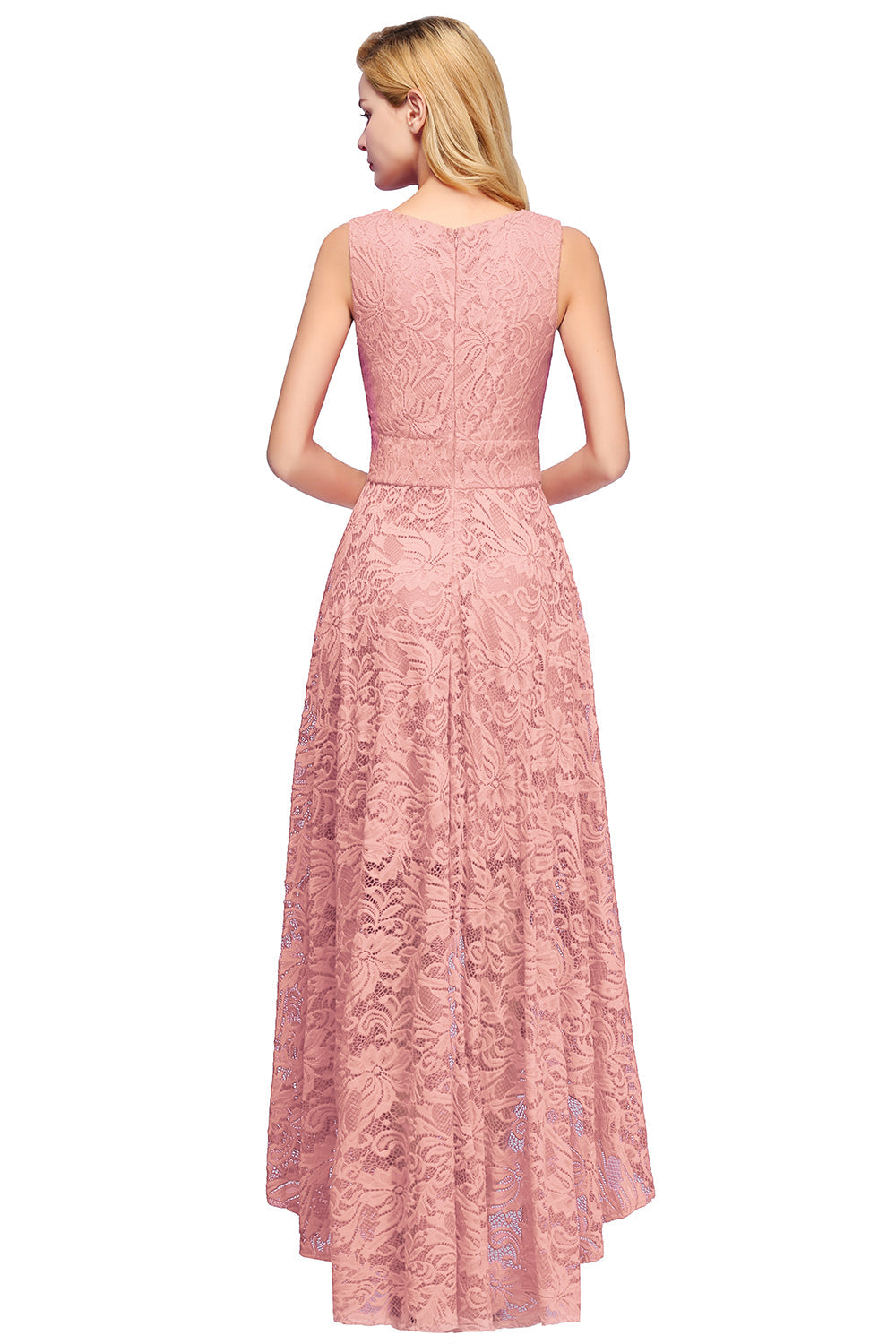 High Low A line V neck Sleeveless Lace Formal Dress - YESBABYONLINE