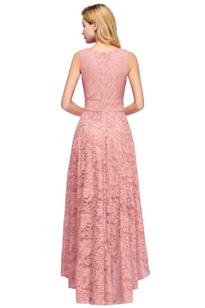 High Low A line V neck Sleeveless Lace Formal Dress - YESBABYONLINE