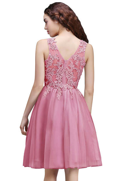 A line Round Neck Tulle Lace Mini Bridesmaid Dress with Appliques Lace - YESBABYONLINE