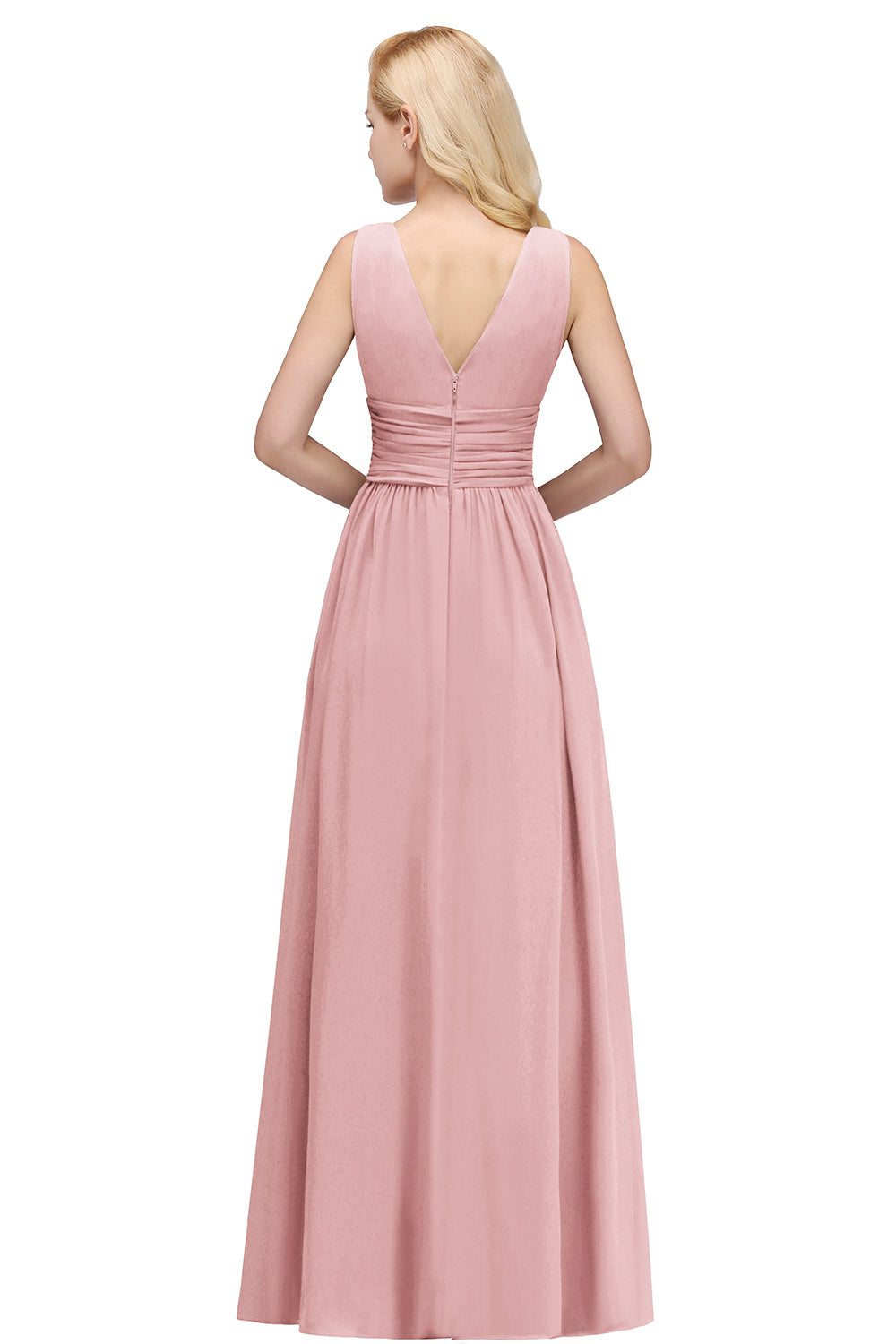 Long Chiffon V Neck Off The Shoulder Ruffle Floor Length Bridesmaid Dress - YESBABYONLINE