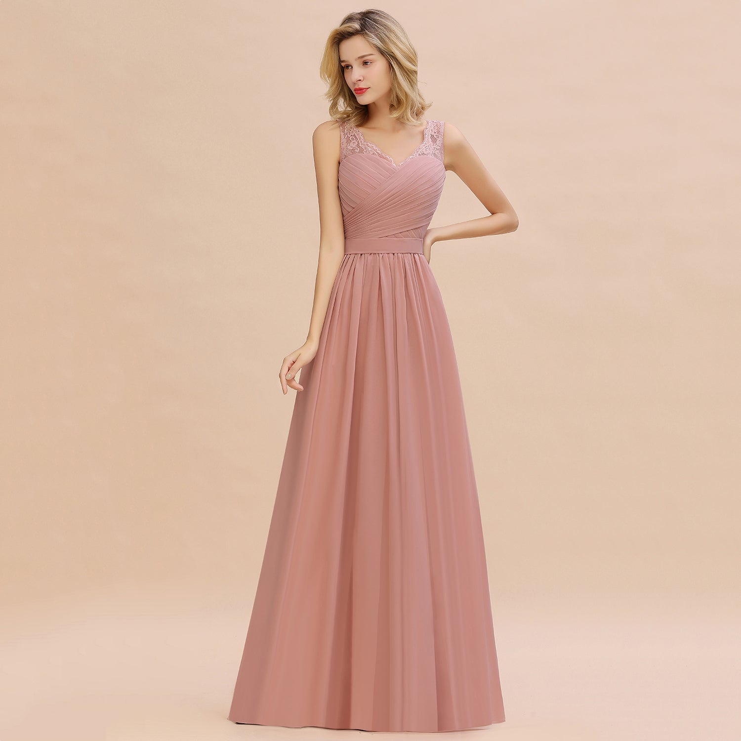 Long A line V-neck Ruffle Sleeveless Chiffon Bridesmaid Dress - YESBABYONLINE