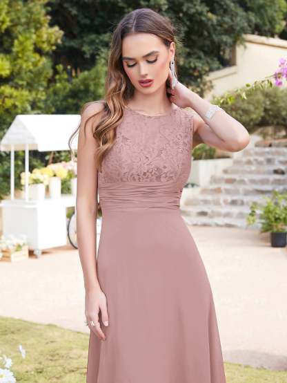 Long A line Sleeveless Scoop Neck Ruffle Chiffon Bridesmaid Dresses - YESBABYONLINE