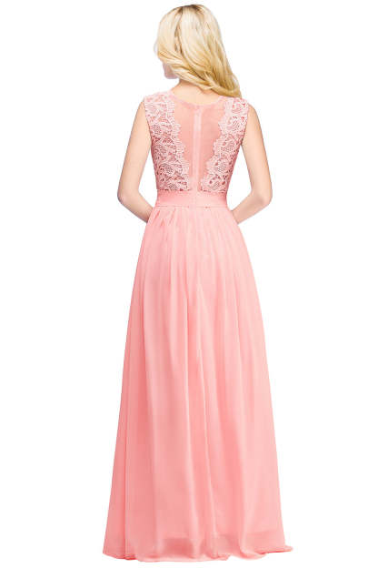 Long A line Crew Neck Floor Length Floral Lace Chiffon Wedding Guest Dress - YESBABYONLINE