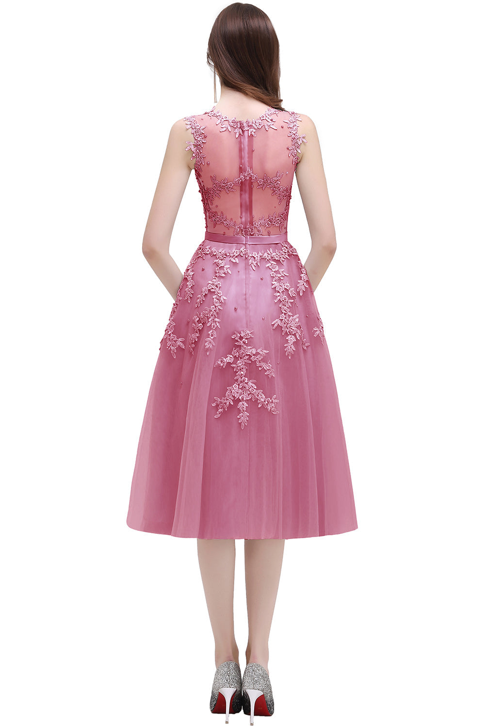 Short A Line Sleeveless Crew Neck Tulle Lace Formal Dress - YESBABYONLINE