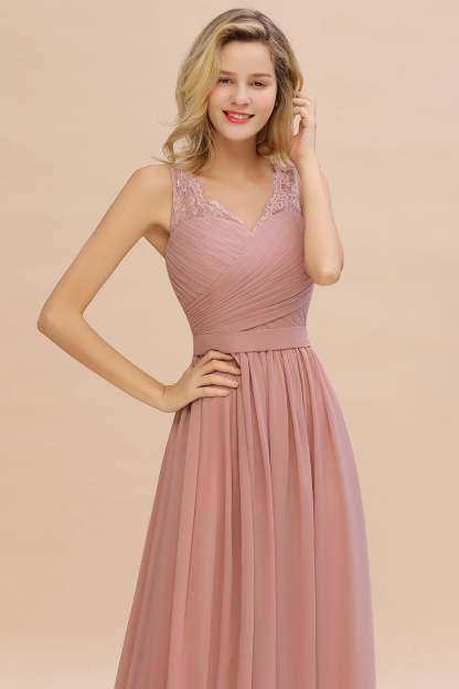 Long A line V-neck Ruffle Sleeveless Chiffon Bridesmaid Dress - YESBABYONLINE