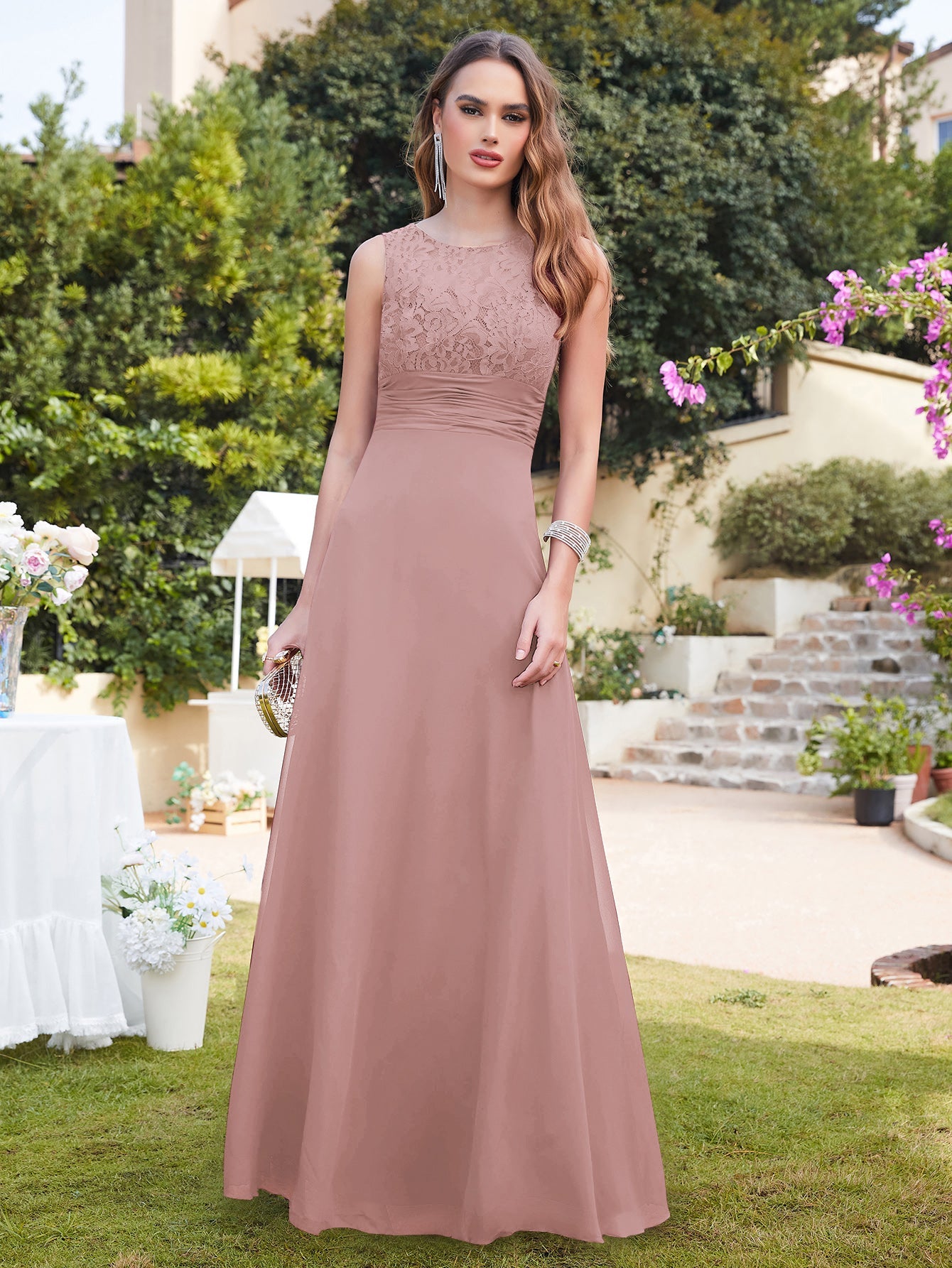 Long A line Sleeveless Scoop Neck Ruffle Chiffon Bridesmaid Dresses - YESBABYONLINE