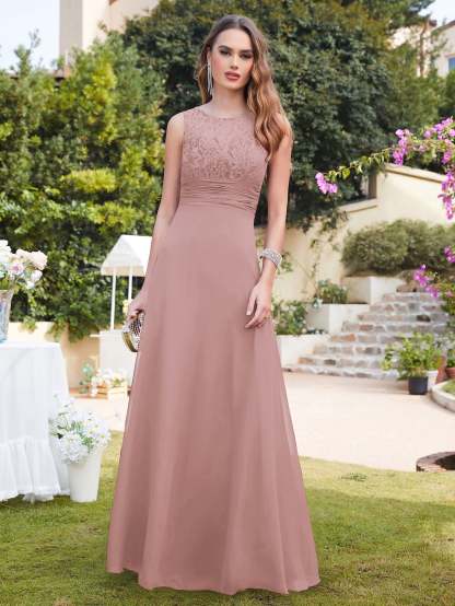 Long A line Sleeveless Scoop Neck Ruffle Chiffon Bridesmaid Dresses - YESBABYONLINE