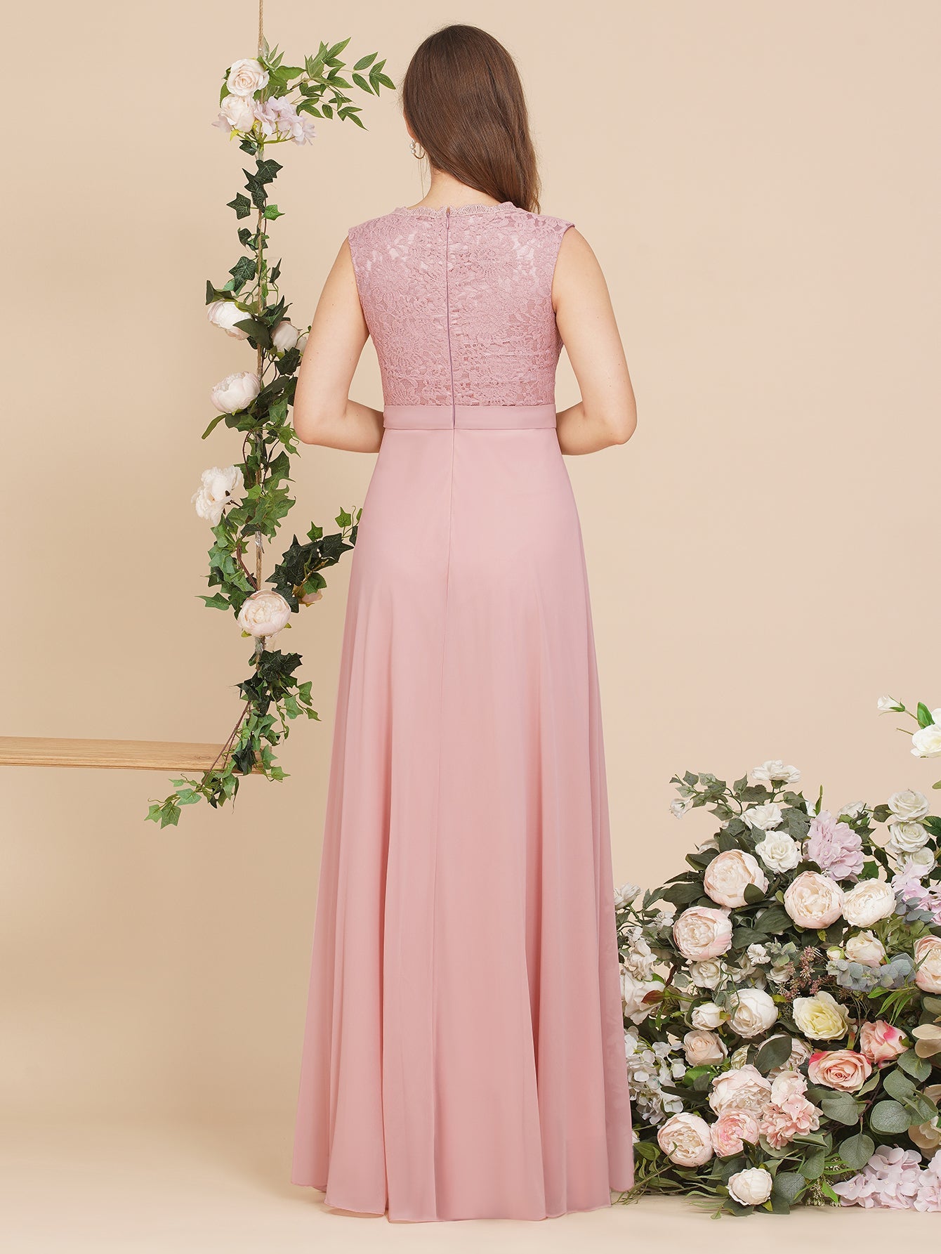 Long A Line Floral Lace Floor Length Sleeveless Chiffon Bridesmaid Dress - YESBABYONLINE