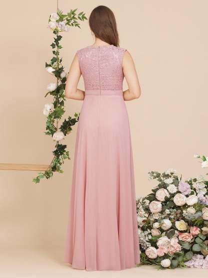 Long A Line Floral Lace Floor Length Sleeveless Chiffon Bridesmaid Dress - YESBABYONLINE