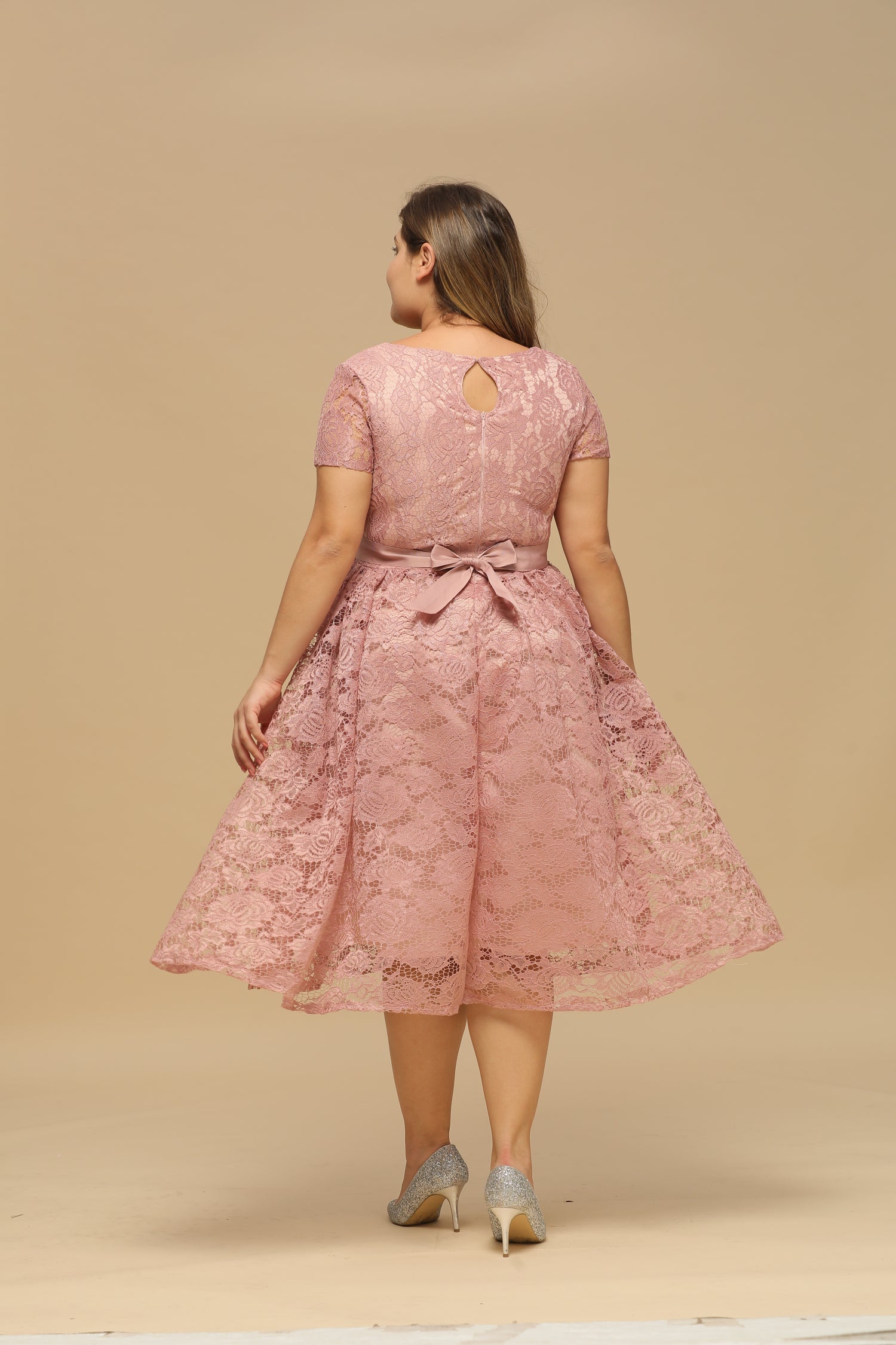 V Neck A Line Tea Length Floral Lace Formal Dress with Sleeves - YESBABYONLINE