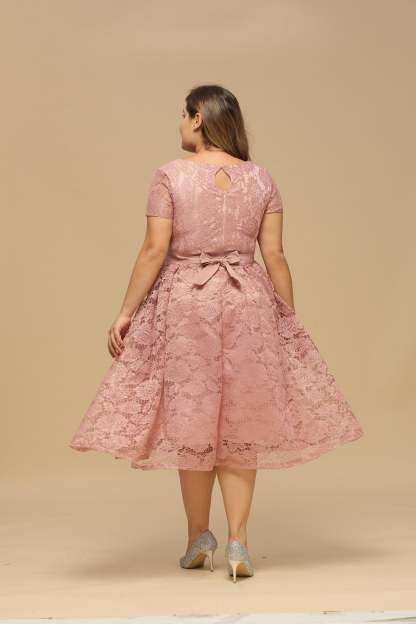 V Neck A Line Tea Length Floral Lace Formal Dress with Sleeves - YESBABYONLINE