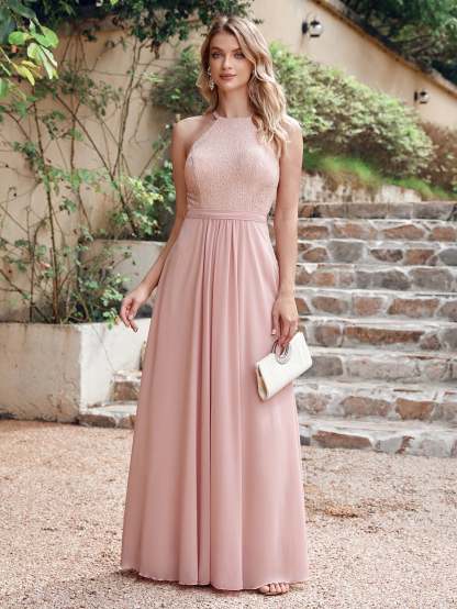 Long A Line Halter Floor Length Floral Lace Chiffon Evening Dress - YESBABYONLINE