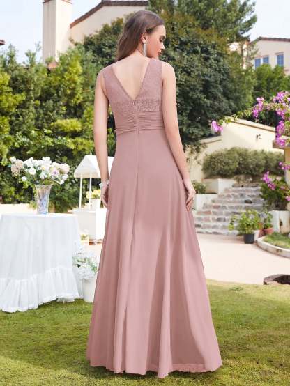 Long A line Sleeveless Scoop Neck Ruffle Chiffon Bridesmaid Dresses - YESBABYONLINE